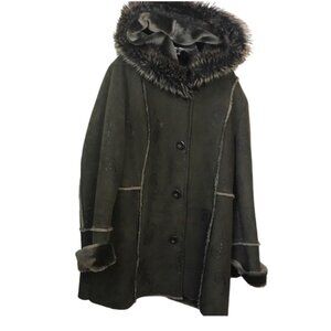 PIZAZZ  Vintage Y2K Faux Fur Shearling Hood Paisley Coat Jacket Cozy Fur Lined L